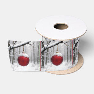 Rode kerstversiering aan besneeuwde tak satijnen lint