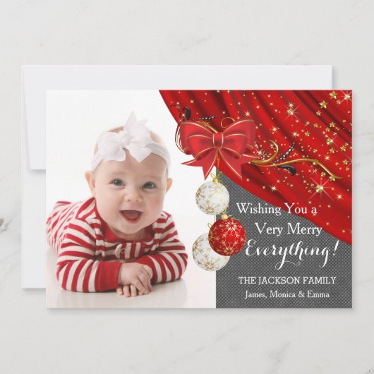 Rode Kerstversiering Foto Kerstmis Feestdagenkaart (Voorkant)