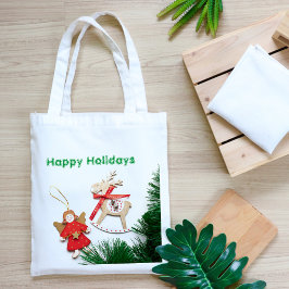 Rode kerstversieringen op witte Canvas tassen