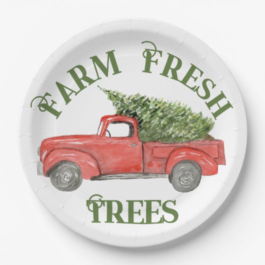Rode Kerstwagen Boerderij Fresh Trees Papieren Bordje (Voorkant)
