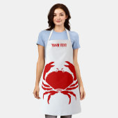 Rode keuken schort voor heren of dames met krab (Gedragen)