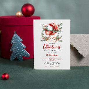 Rode kinderwagen watercolor Kerst baby shower Kaart