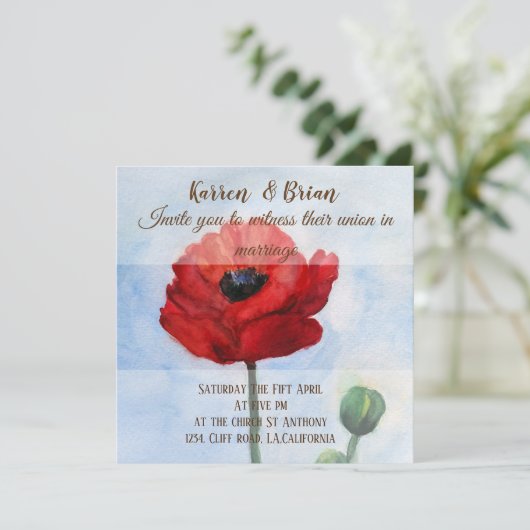 Rode Klaproos Aquarel Trouw Uitnodiging (Staand voorkant)