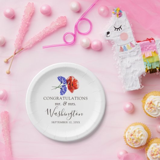 Rode klaproos & blauwe korenbloem Naam & trouwdatu Papieren Bordje (Feest)