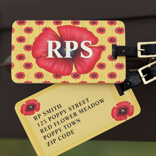 Rode Klaproos Bloem Monogram Gele Bagage Label