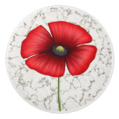 Rode klaproos bloem op faux marmer keramische knop (Voorkant)