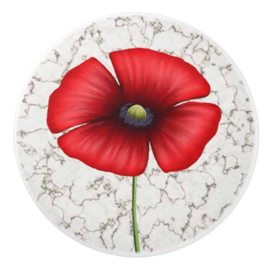 Rode klaproos bloem op faux marmer keramische knop (Voorkant)