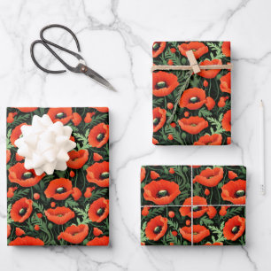 Rode klaproos bloemen bloeiend groen verjaardag br inpakpapier vel