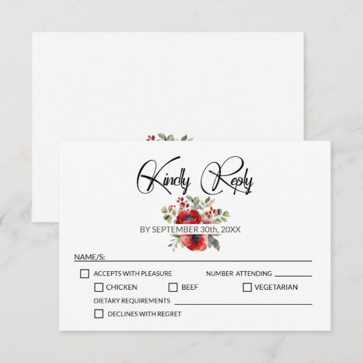 Rode klaproos bloemen bruiloft RSVP kaartje (Voorkant / Achterkant)