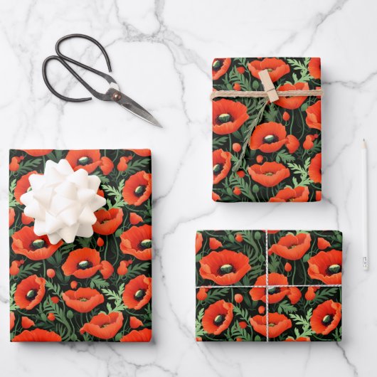 Rode klaproos bloemen groen geboorte bruid inpakpapier vel (Voorkant)