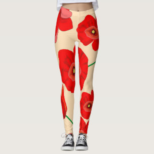 Rode klaproos bloemen op beige achtergrond illustr leggings