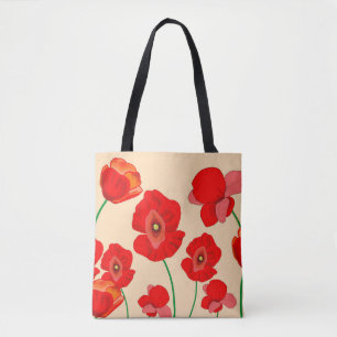 Rode klaproos bloemen op beige achtergrond illustr tote bag