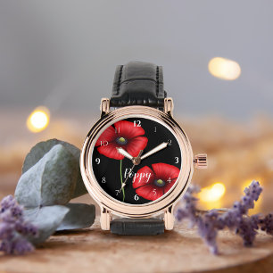 Rode klaproos bloemen op zwart gepersonaliseerd horloge