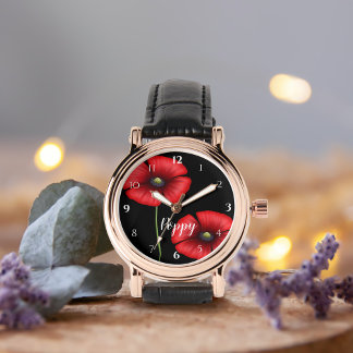 Rode klaproos bloemen op zwart gepersonaliseerd horloge