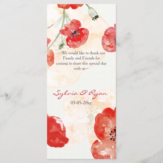 Rode klaproos bloemenbruiloft menu (Achterkant)