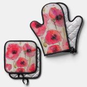 Rode klaproos bloemig bloempatroon papieren feestb ovenwant & pannenlap set (Voorkant / Achterkant)