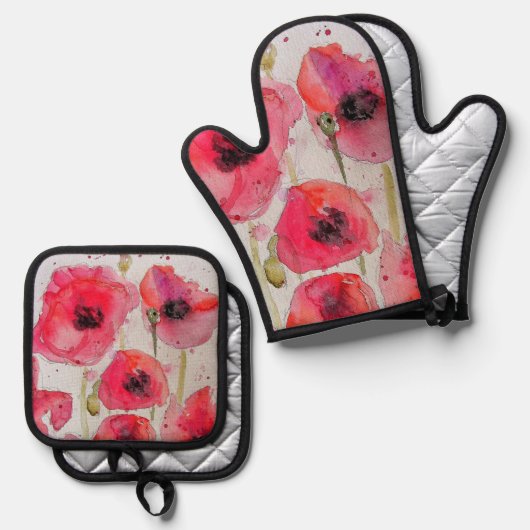 Rode klaproos bloemig bloempatroon papieren feestb ovenwant & pannenlap set (Voorkant / Achterkant)