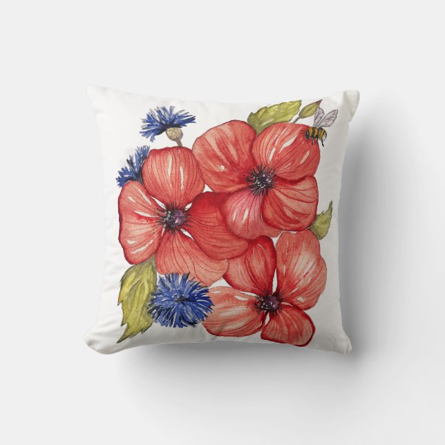 Rode Klaproos en Blauwe Korenbloem Aquarel Kussen (Voorkant)