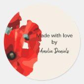 Rode klaproos gemaakt met liefde ronde sticker (Voorkant)