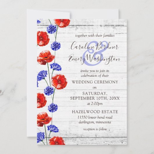 Rode klaproos & korenbloem rustiek hout bloemenbru kaart (Voorkant)