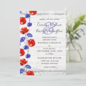 Rode klaproos & korenbloem rustiek hout bloemenbru kaart (Staand voorkant)