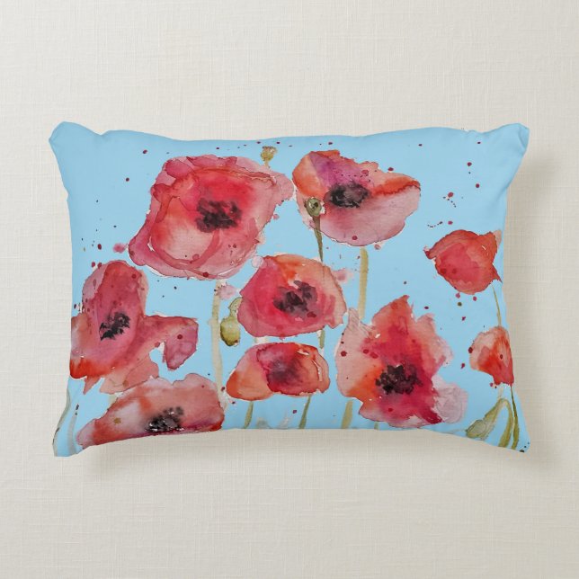 Rode klaproos op blauwe aquarel klaprozen accent kussen (Voorkant)