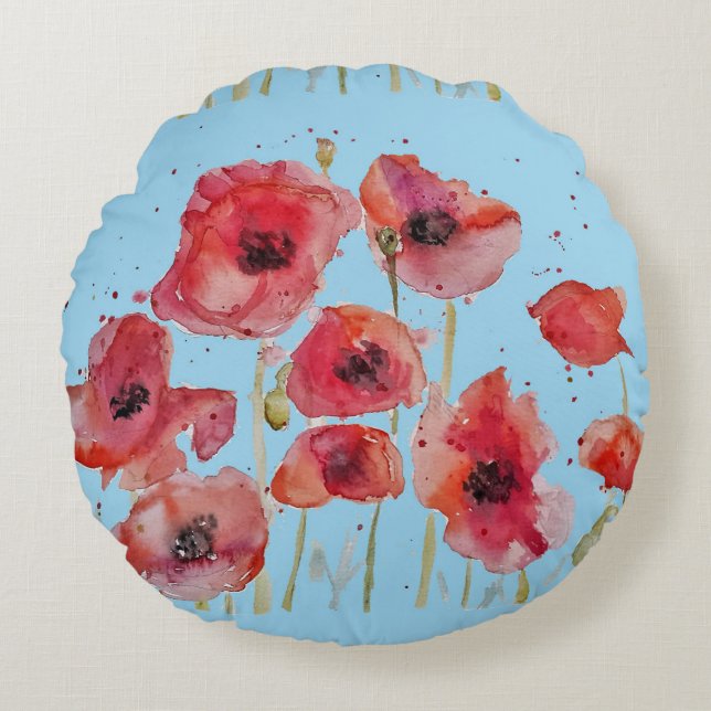 Rode klaproos op Blauwe Aquarel Klaprozen Decorati Rond Kussen (Voorkant)