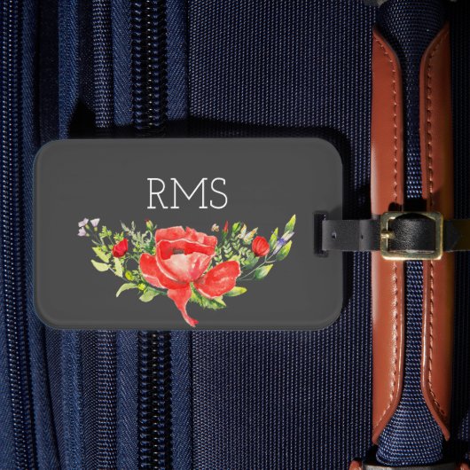 Rode klaproos op grijs aanpasbaar monogram bagagelabel (Voorkant Insitu 4)