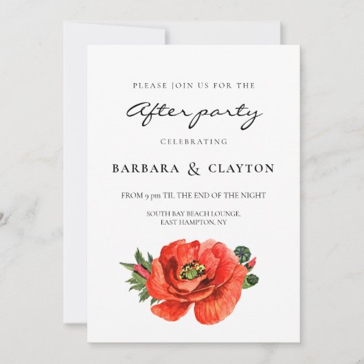 Rode klaproos waterverf bruiloft na feest kaart (Voorkant)