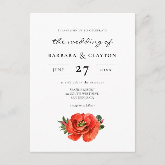 Rode klaproos waterverf bruiloft uitnodiging brief (Voorkant)