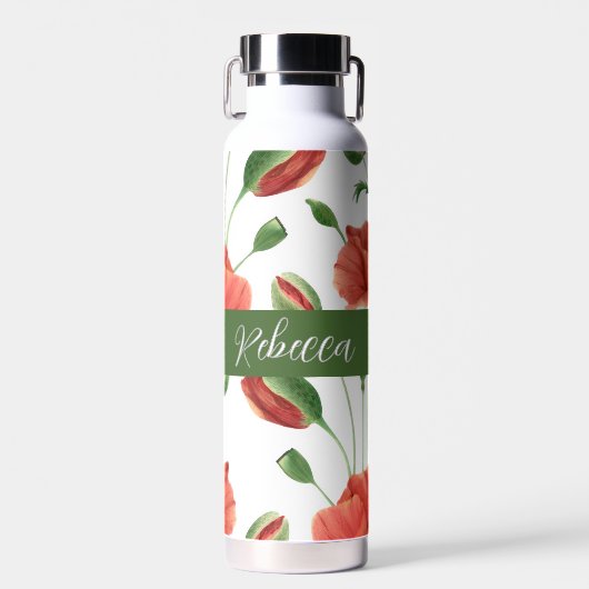Rode Klaproos Wilde Bloem Waterverf Monogram Naam Waterfles (Voorkant)