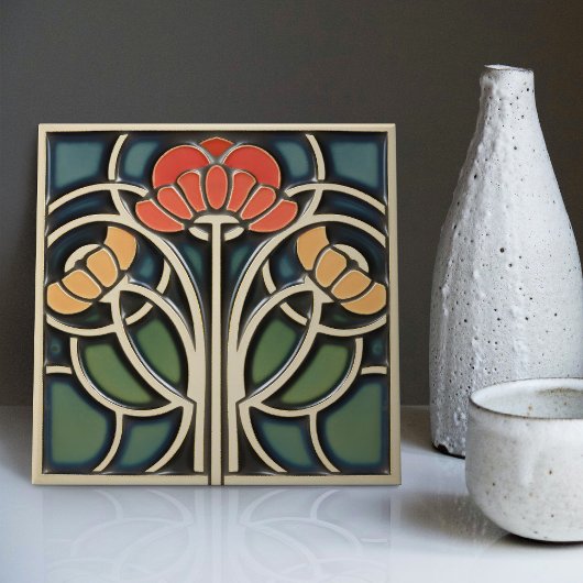 Rode klaprozen Art Deco Bloemendecoratie Art Nouve Tegeltje