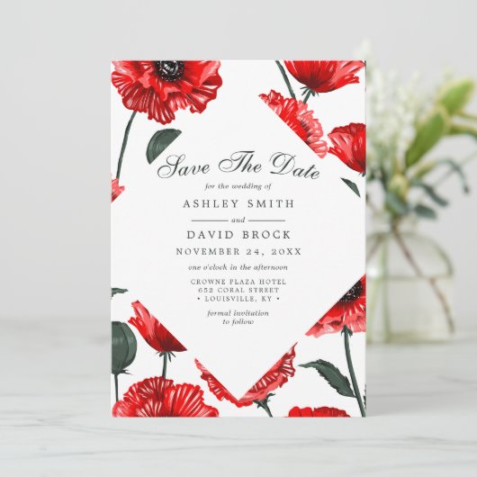 Rode klaprozen bloemen bloemige save the date kaar (Staand voorkant)