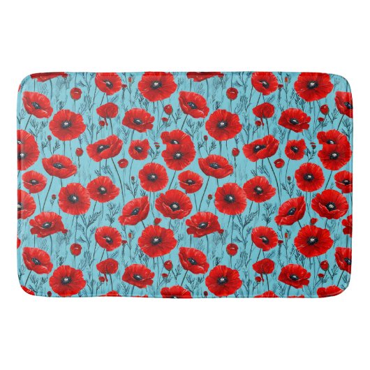 Rode klaprozen bloemen op een blauwe achtergrond badmat (Voorkant)