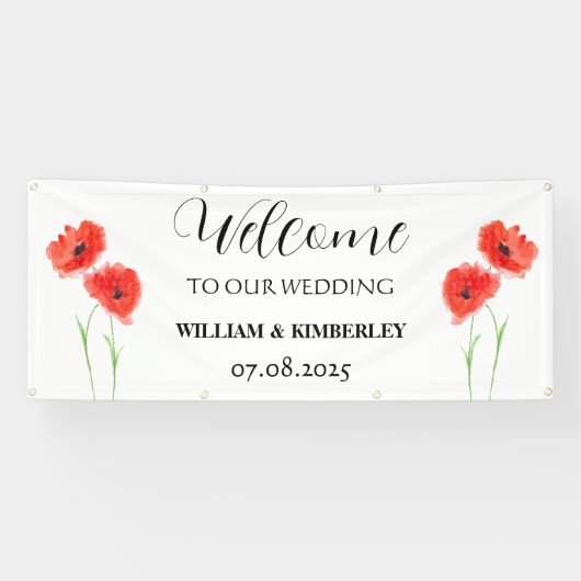 Rode klaprozen Bloemen Rustieke Elegante bruiloft Spandoek (Horizontaal)