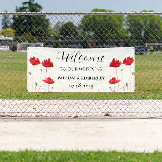 Rode klaprozen Bloemen Rustieke Elegante bruiloft Spandoek (Insitu)