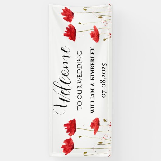 Rode klaprozen Bloemen Rustieke Elegante bruiloft Spandoek (Verticaal)