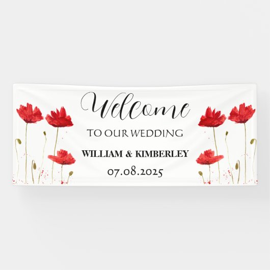 Rode klaprozen Bloemen Rustieke Elegante bruiloft Spandoek (Horizontaal)