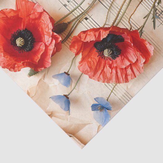 Rode klaprozen bloemenblad  muziek sheet ephemera tissuepapier (Detail)