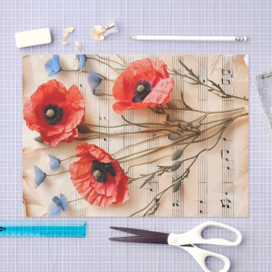 Rode klaprozen bloemenblad muziek sheet ephemera tissuepapier (Craft)