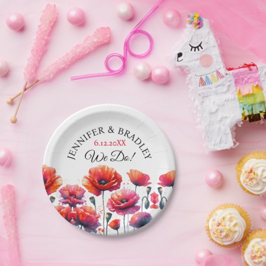 Rode Klaprozen Bloemrijke Trouw  Papieren Bordje (Feest)