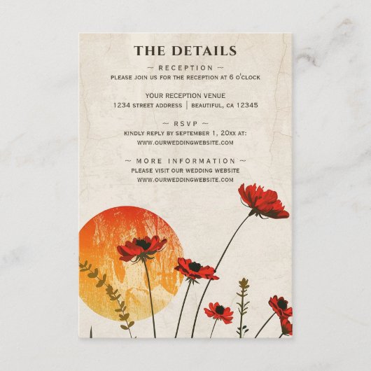 Rode klaprozen Boho Wildflower Sunset Bruiloft Det Informatiekaartje (Voorkant)