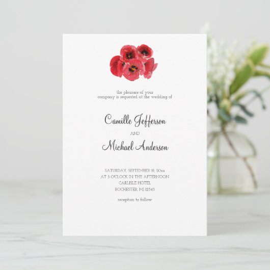 Rode klaprozen bruiloft uitnodiging (Staand voorkant)