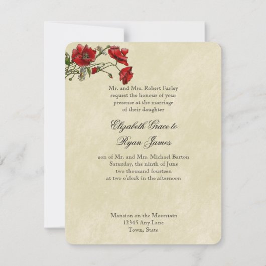 Rode klaprozen, elegante trouwuitnodiging kaart (Achterkant)