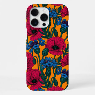 Rode klaprozen en blauwe korenbloemen op oranje iPhone 16 pro max hoesje