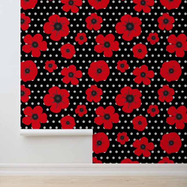 Rode klaprozen en polka dots Moderne bloemen Behang (Applicatie)