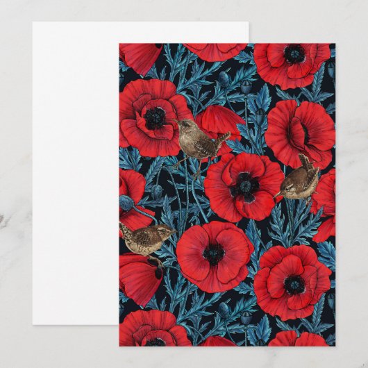 Rode klaprozen en wratten, blauwe bladeren op zwar (Voorkant / Achterkant)