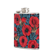 Rode klaprozen en wratten, blauwe bladeren op zwar heupfles (Links)