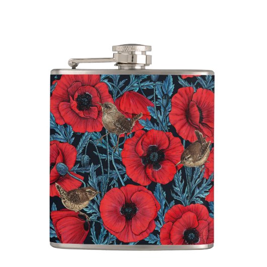 Rode klaprozen en wratten, blauwe bladeren op zwar heupfles (Voorkant)