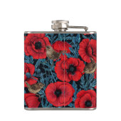 Rode klaprozen en wratten, blauwe bladeren op zwar heupfles (Achterkant)